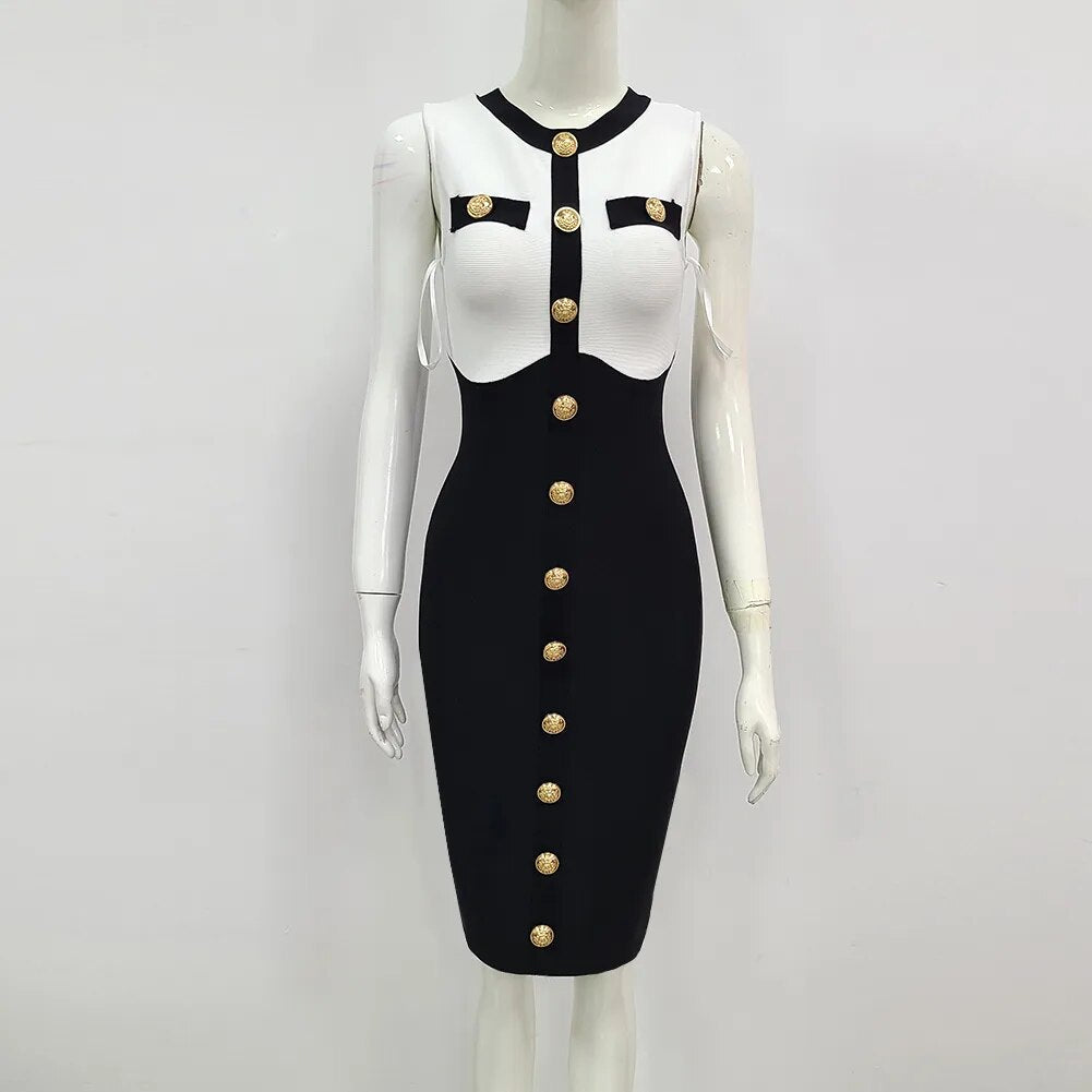 Black and White Sleeveless Button Dress